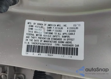 2013 Honda Accord Ex-L z USA, uszkodzony, nr VIN 1HGCR2F80DA202818